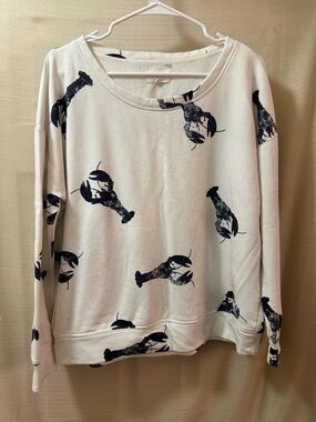 Lou & Grey White Blue Lobster Print Sweatshirt Graphic Cozy Size M Nautical